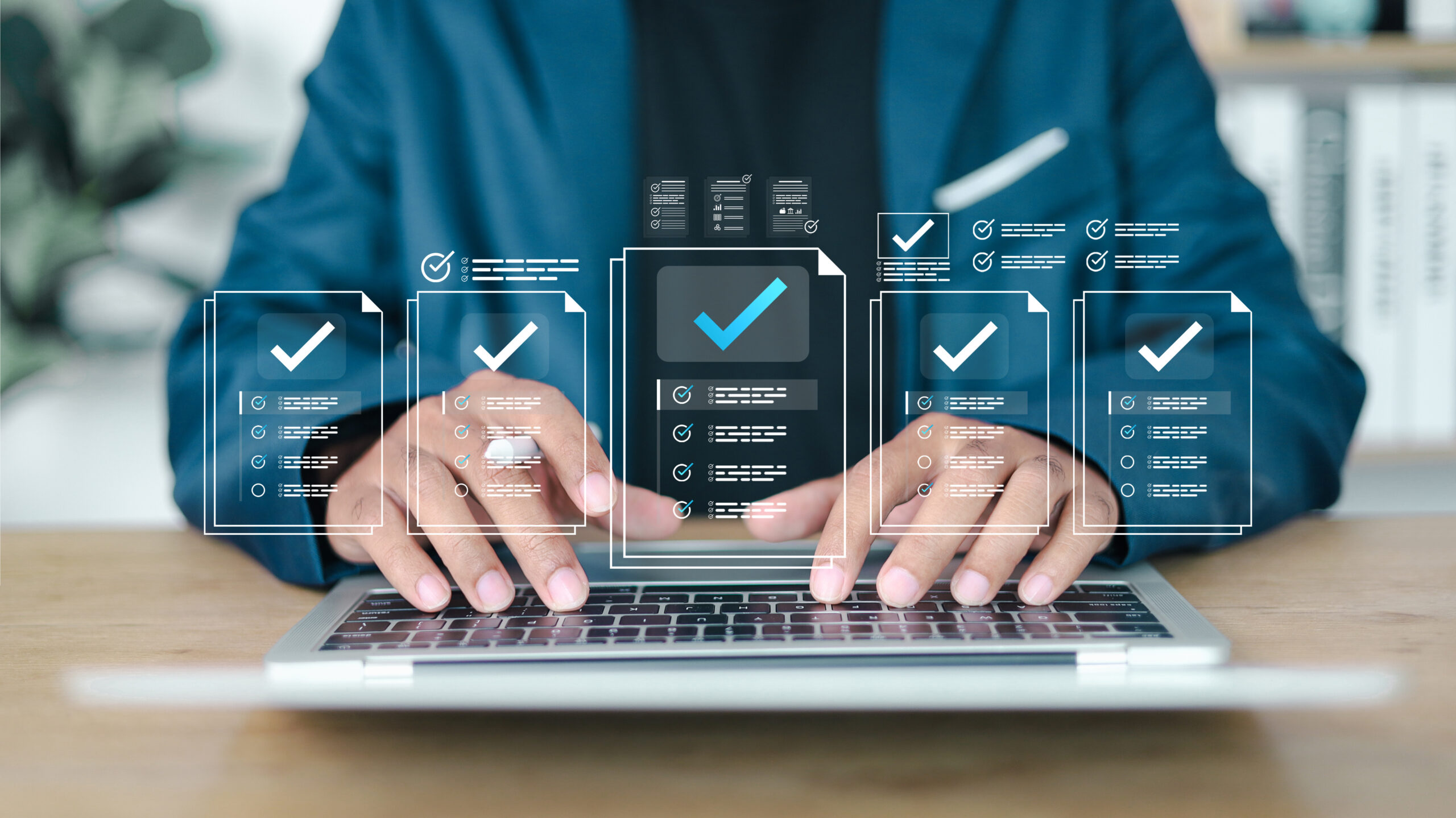 Businessman showing online document validation icon, quality assessment management With a checklist, business document evaluation process. Unified access