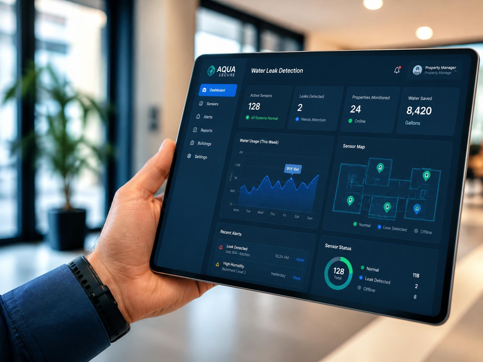 Property manager reviewing smart water monitoring dashboard on a tablet