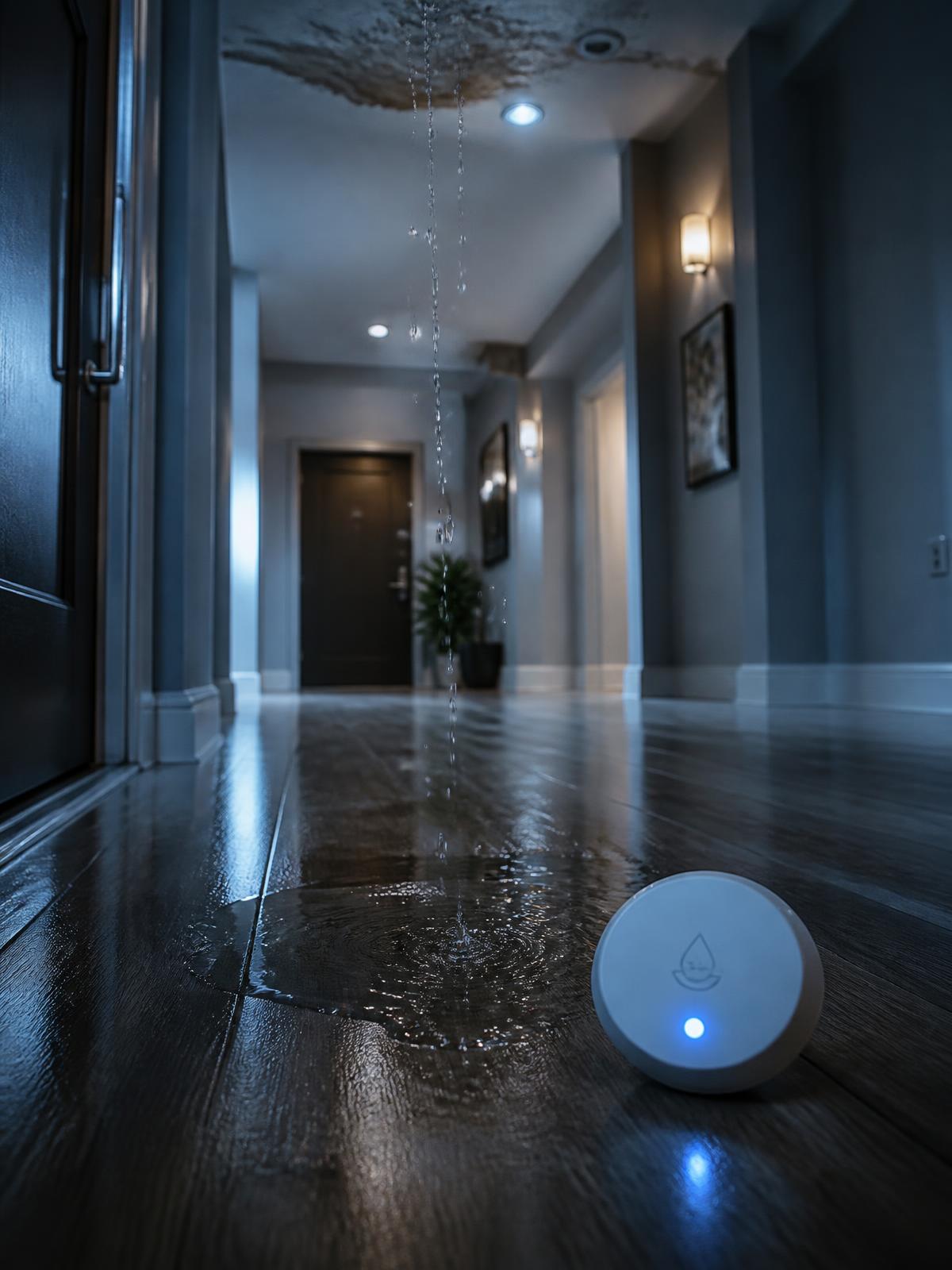 Water leak sensor detecting moisture in a multifamily building corridor